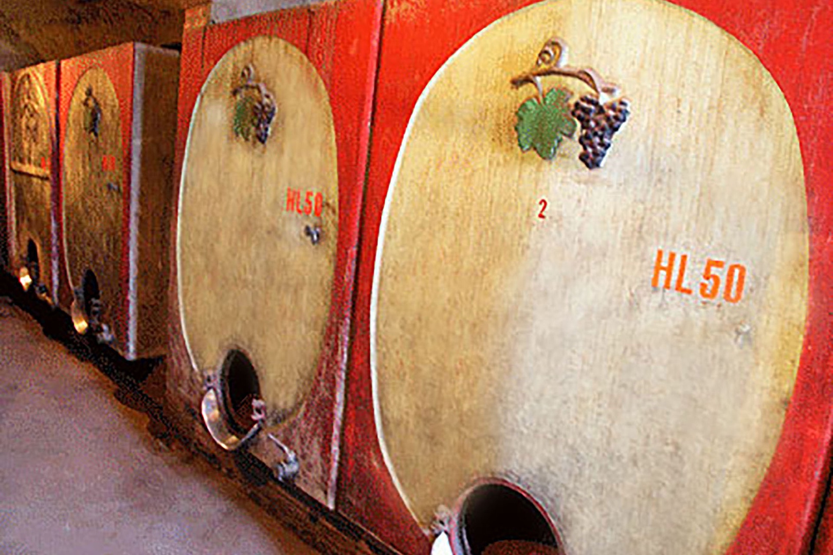In the cantina underneath Casa Rossa are rows of barrels where the wine is aged to perfection.