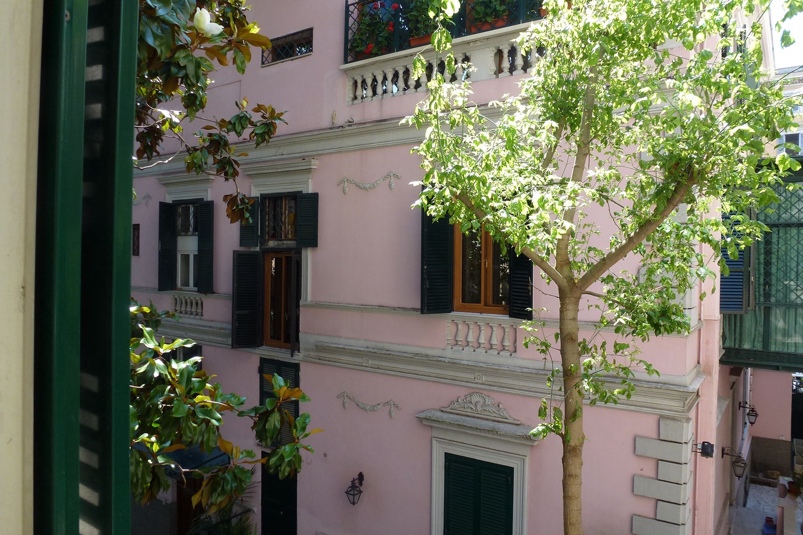 Windows overlook dreamy Art Nouveau neighboring buildings.