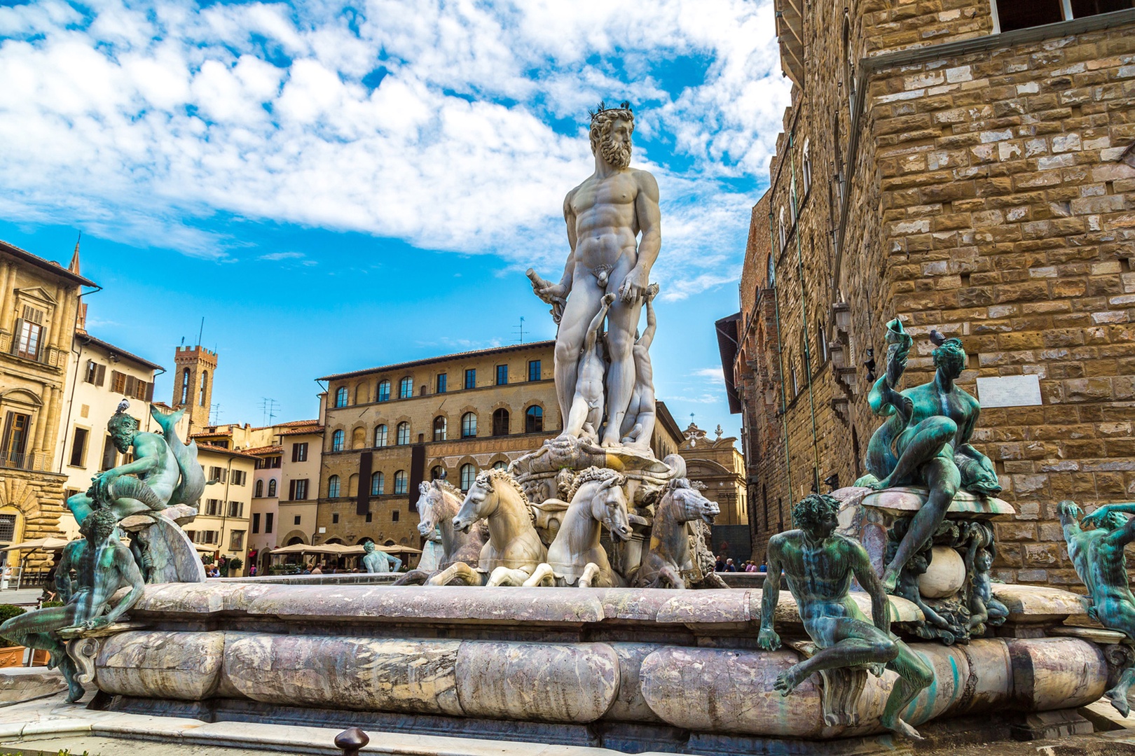 Sculptures delight all around in this piazza. This fountain celebrates first running water in 1565.