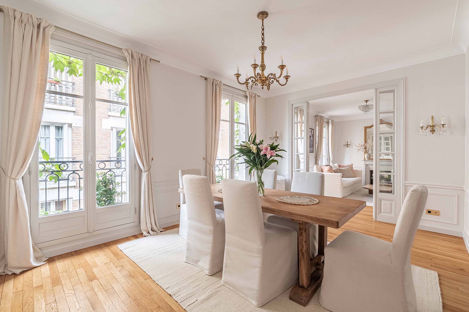 French doors overlook a peaceful courtyard.