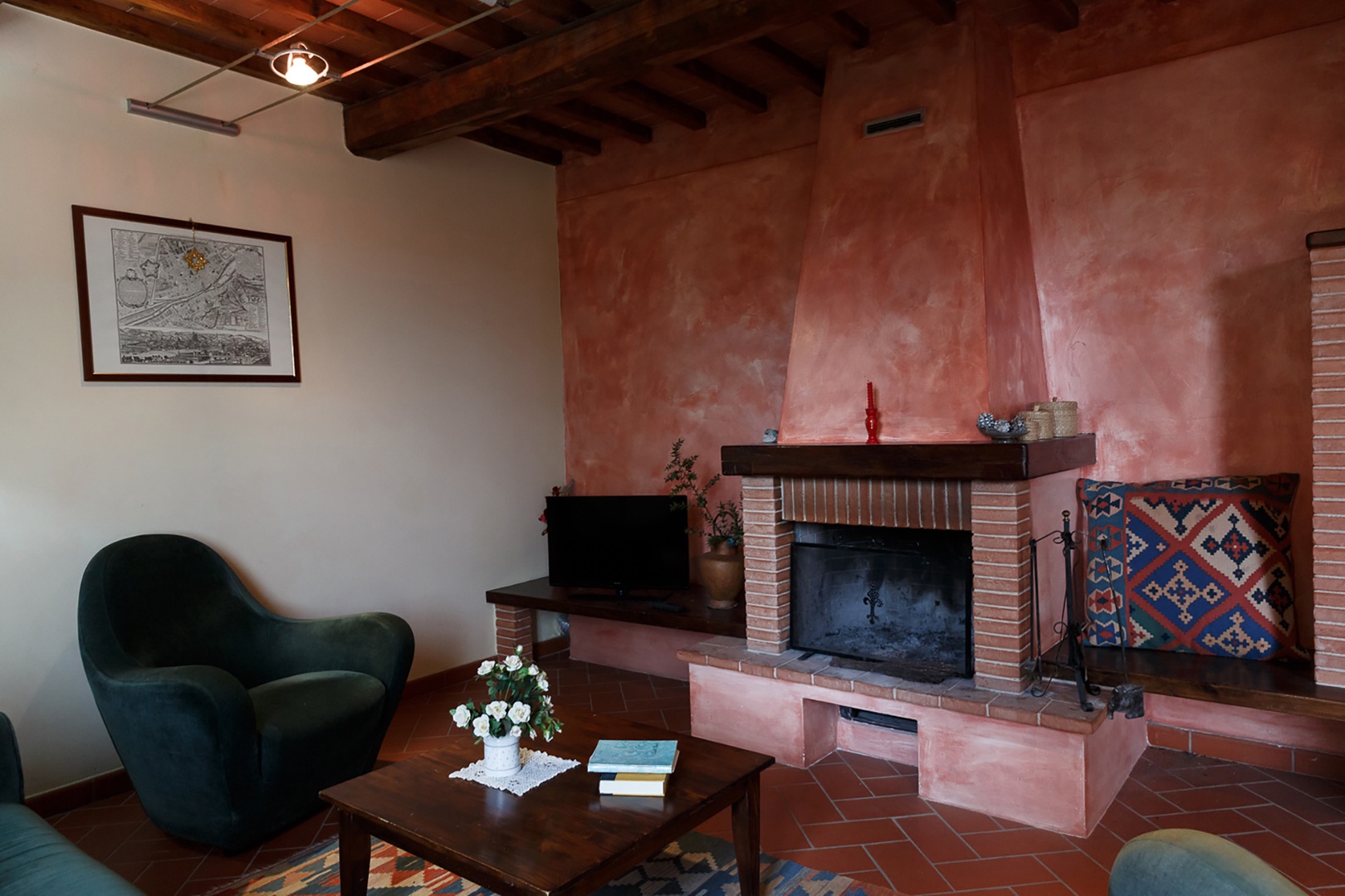 Inviting living room with fire place.