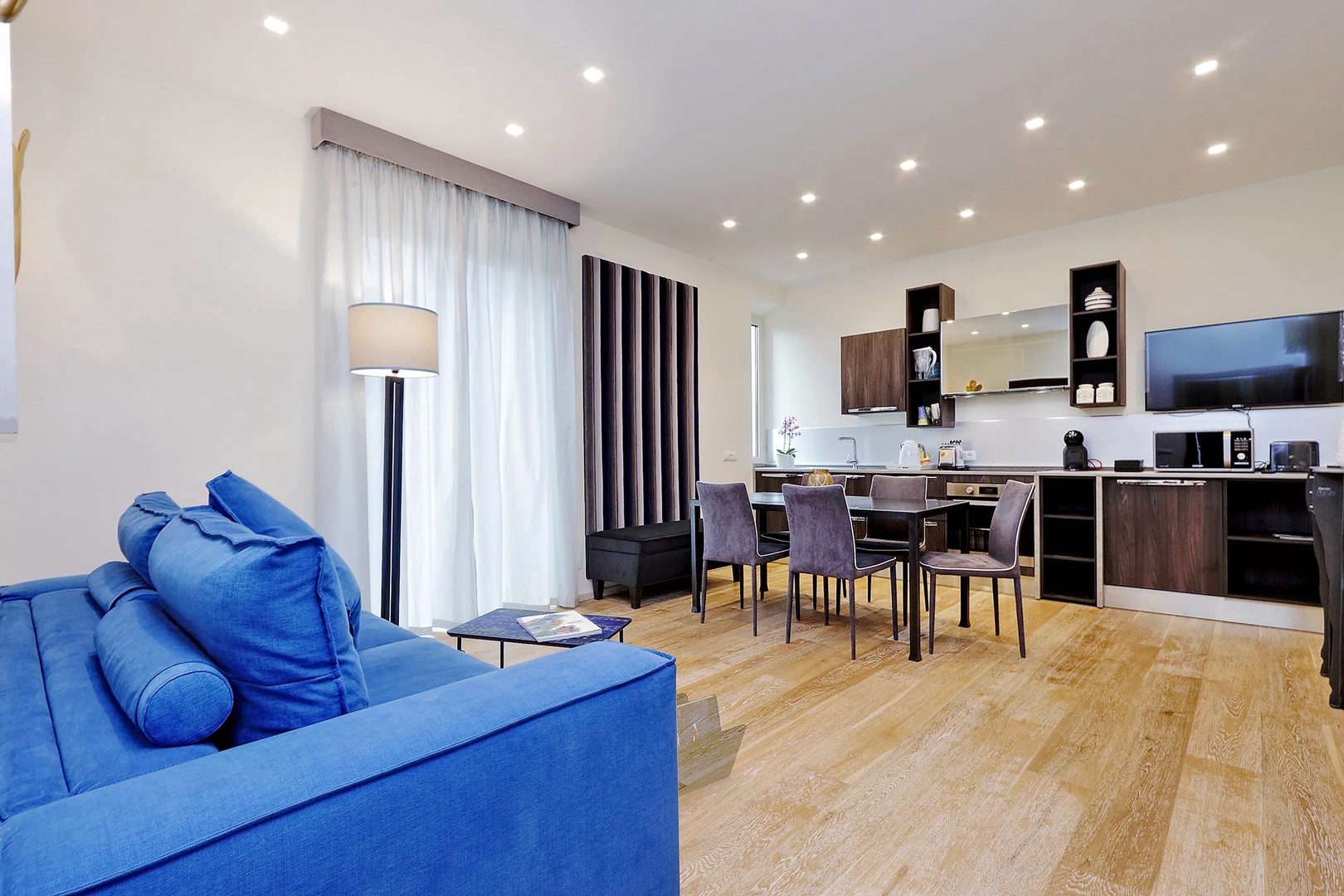 Comfortable sofa also opens for extra sleeping space.