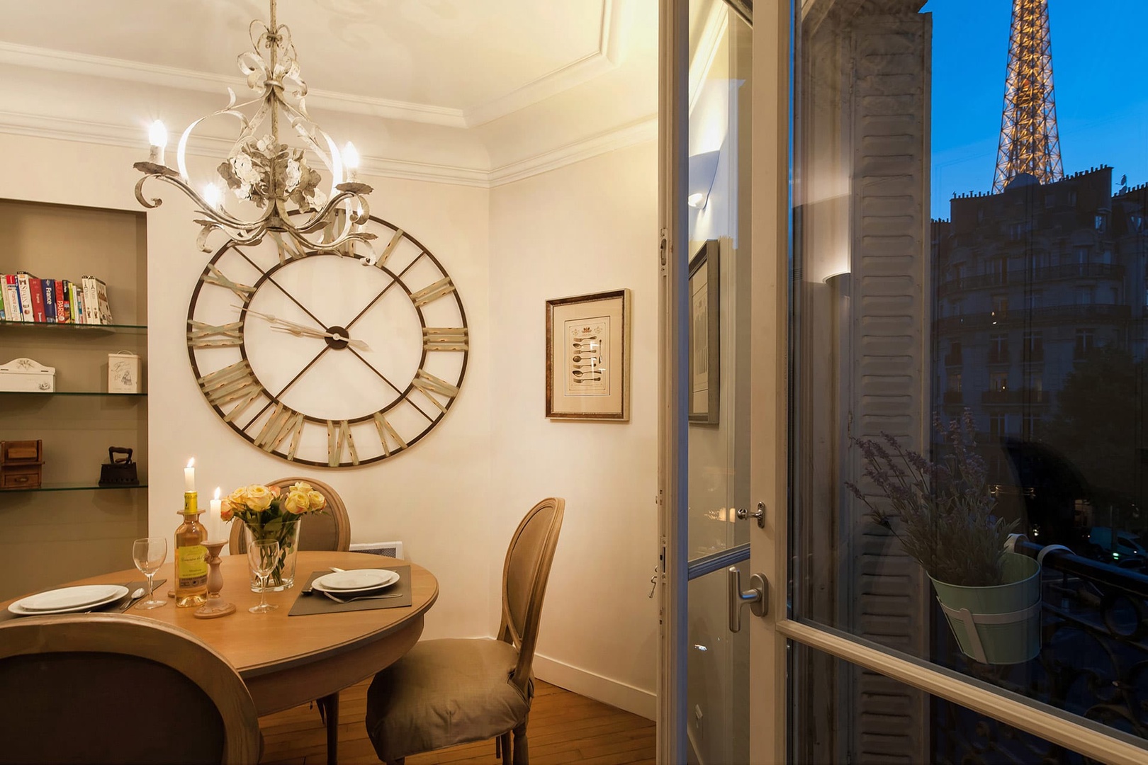 Enjoy stunning views of the Eiffel Tower from the kitchen.