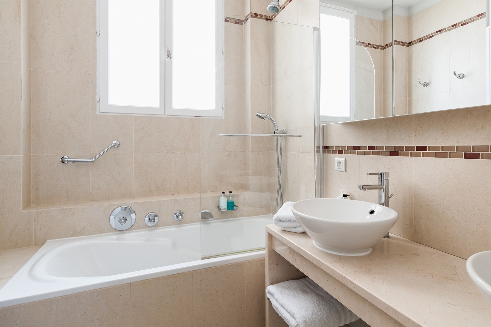 Enjoy a long hot soak in the bathtub at the end of the day in bathroom 1.