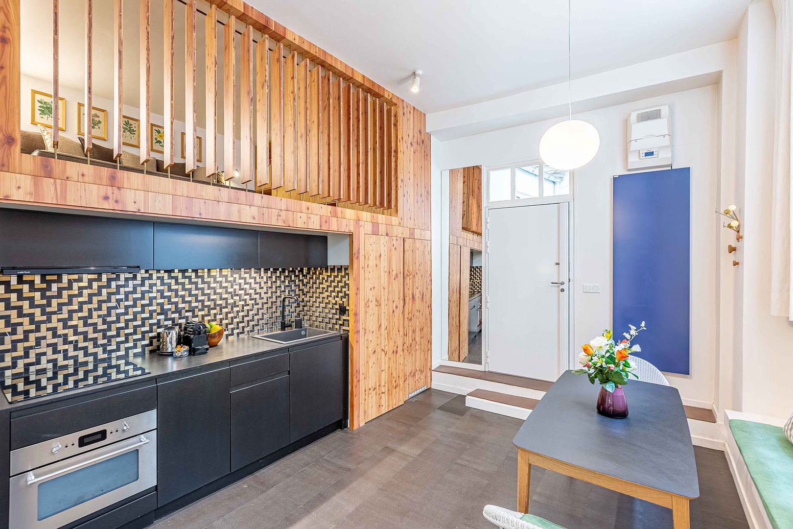 Modern kitchen has everything you need to cook at home.