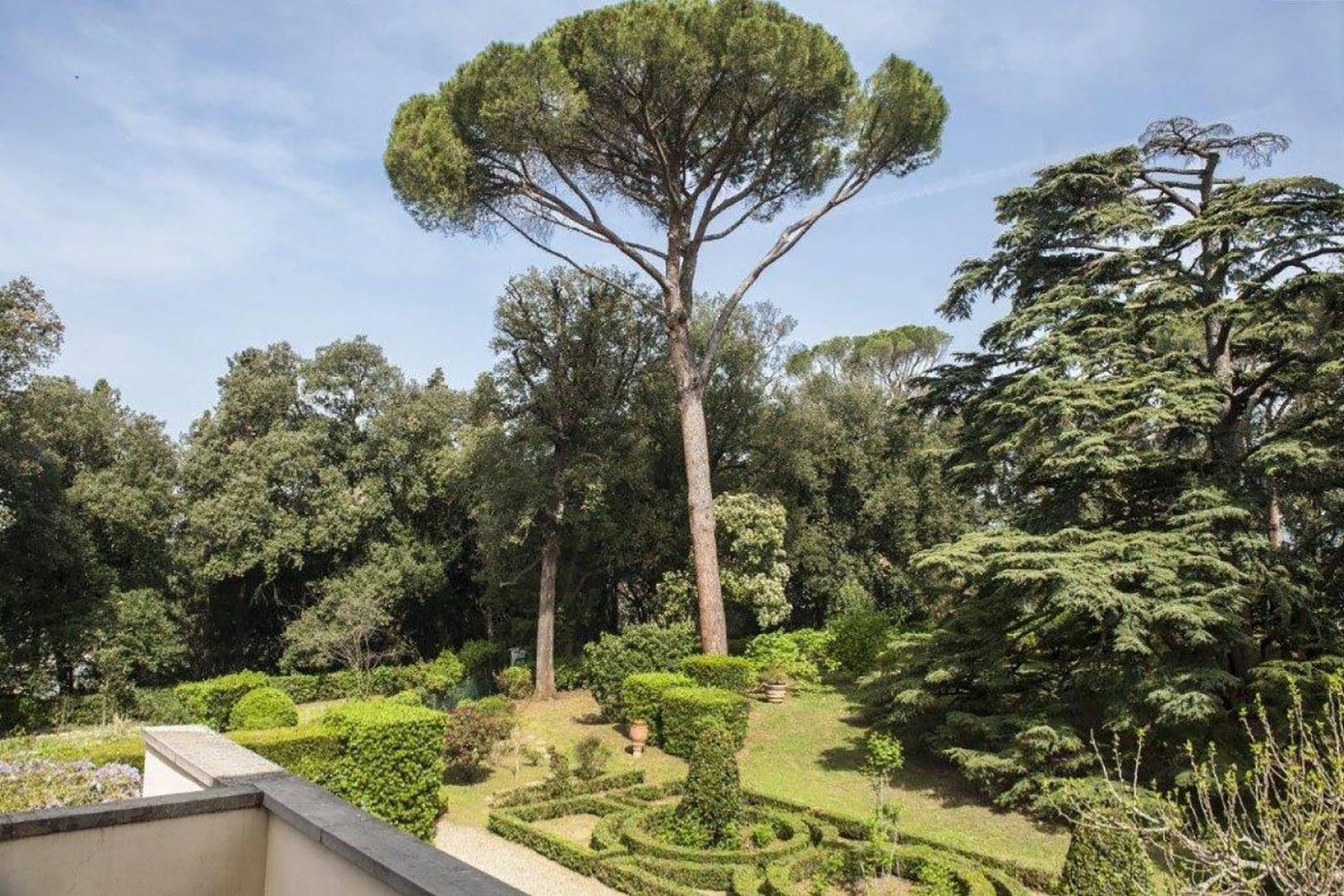 Well-manicured garden and umbrella pines so characteristic of Italy.