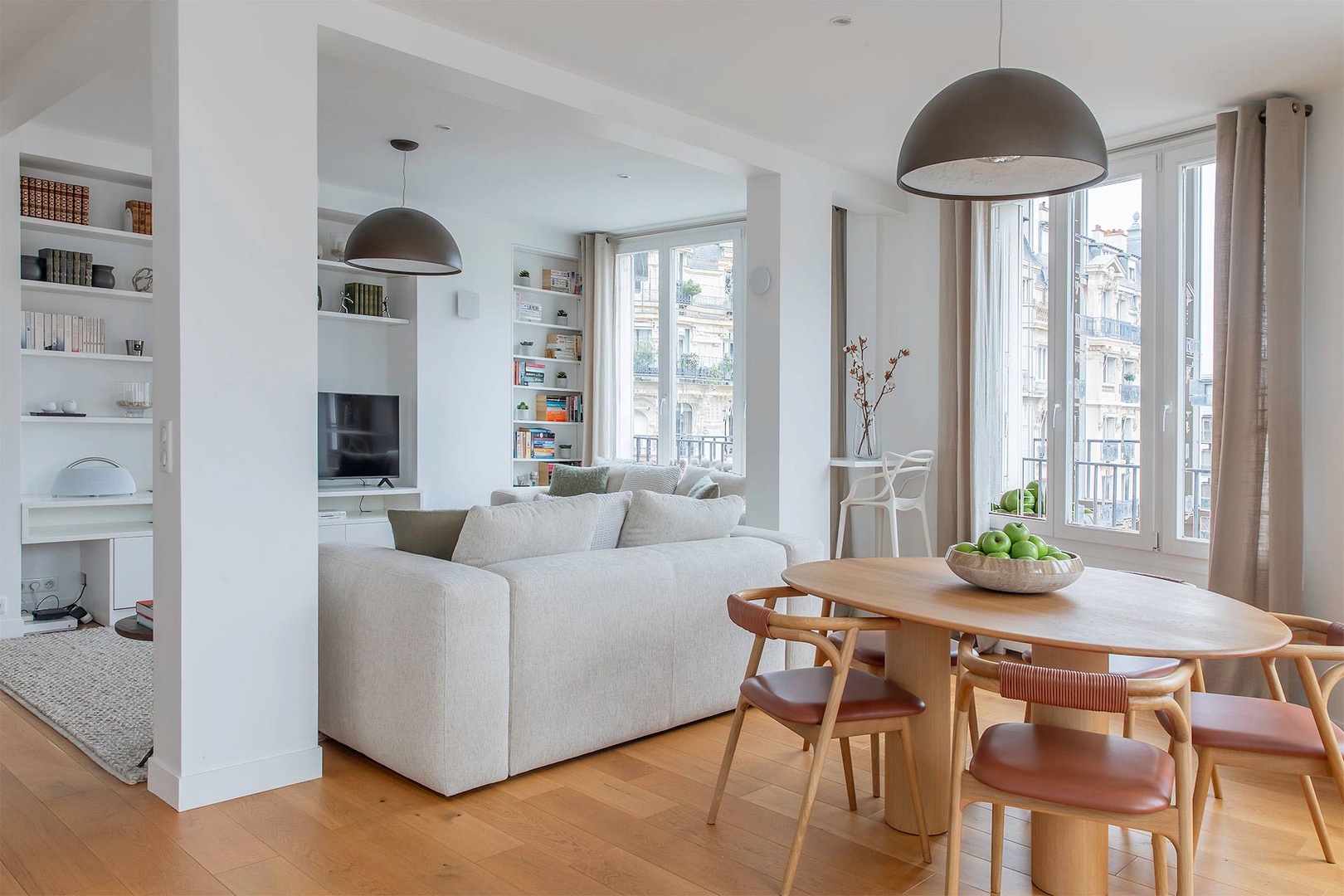 Stylish open plan living room with dining area.