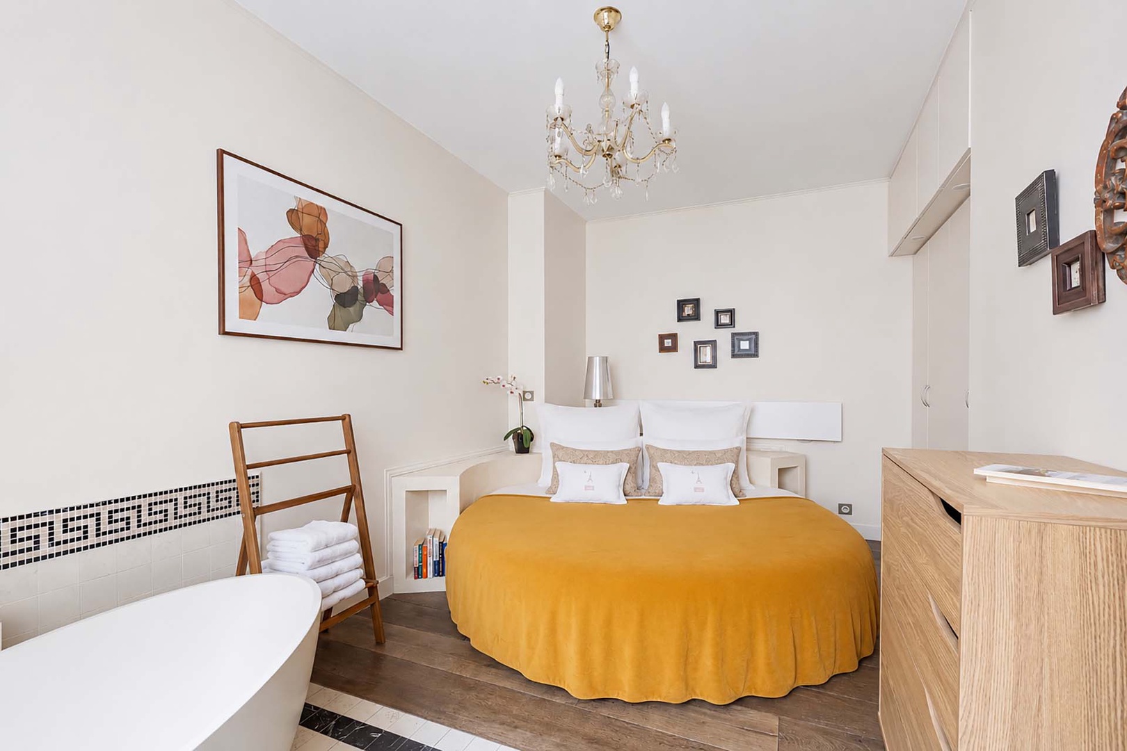Relax in the romantic bedroom with a round bed.