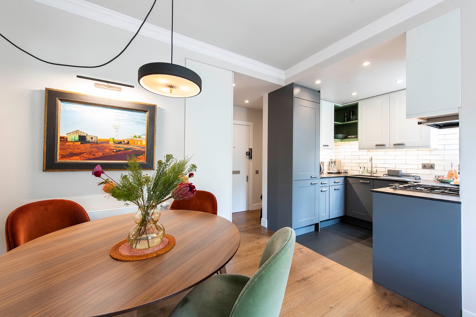 Excellent shopping nearby and a beautiful kitchen makes cooking at home a pleasure.