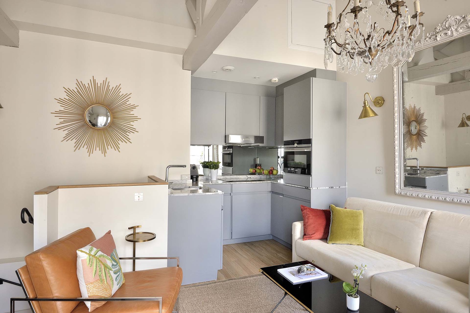 The kitchen features modern appliances for your comfort.