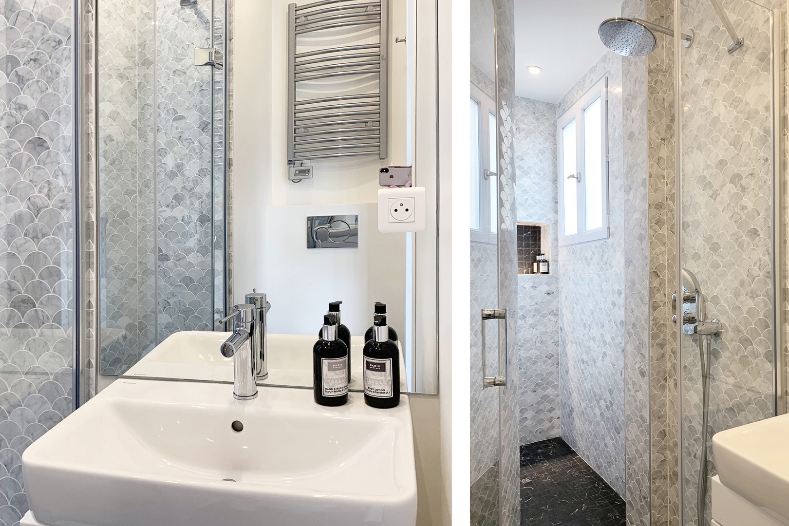 The luxurious en suite bathroom has a shower, toilet and sink.