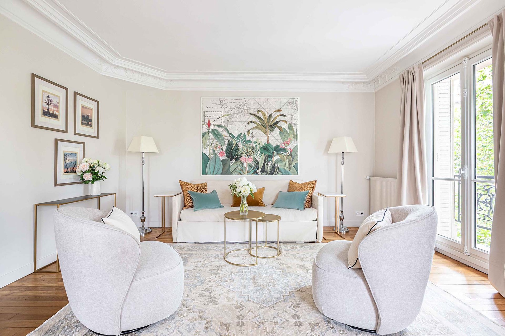 Beautifully designed living area with two swivel chairs.