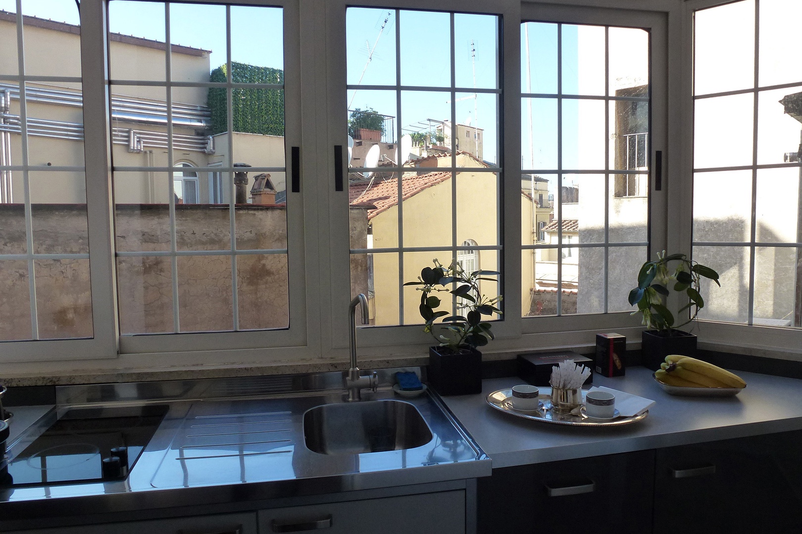 Bright kitchen has nice views too.