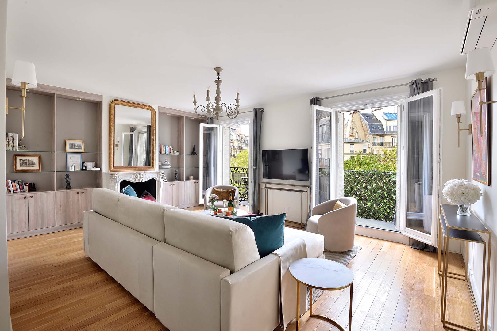 Large French doors fill the living space with lots of natural light.