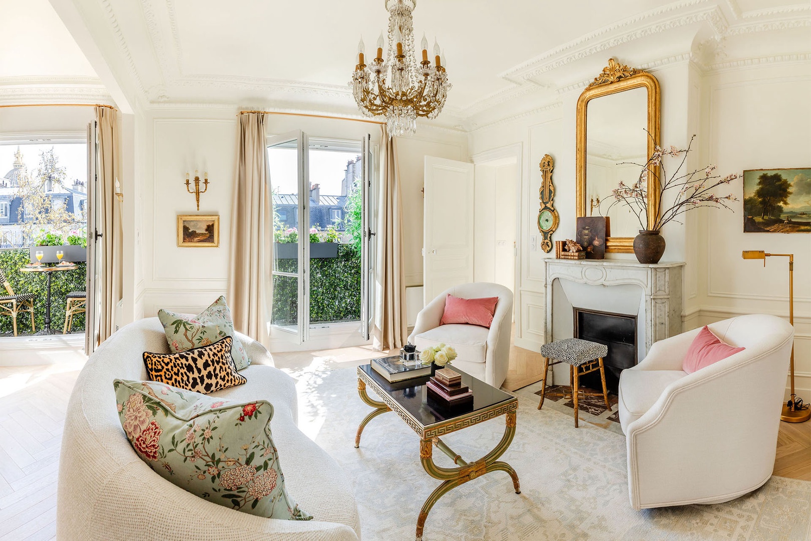 Elegant and spacious living room with large French doors.