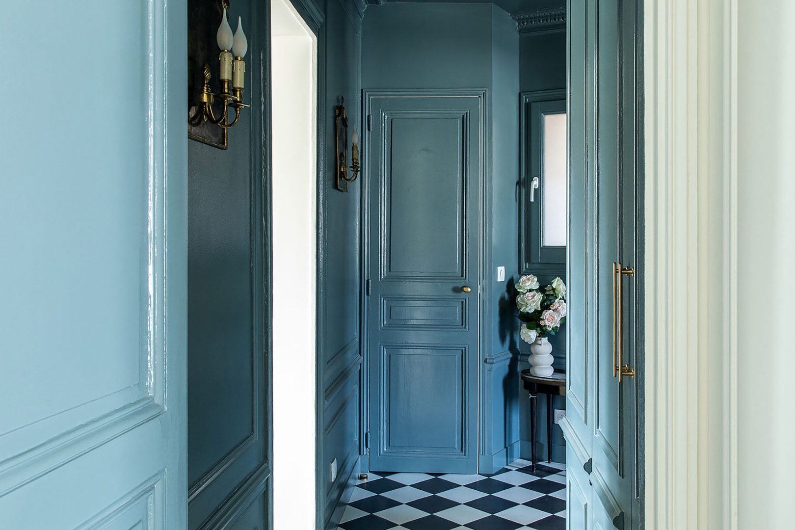 Gorgeous entry with striking black and white tile.