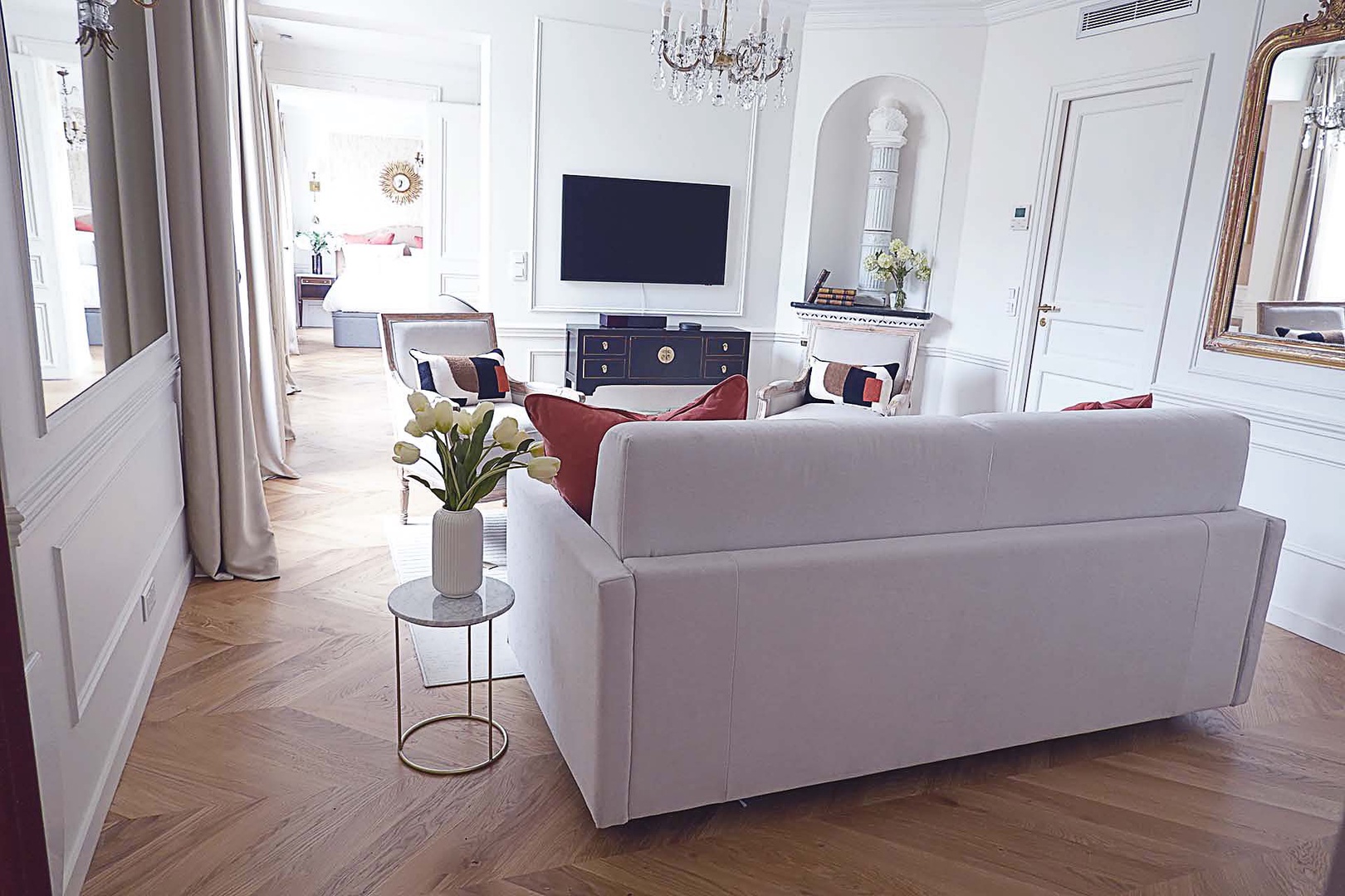 Living room leads to dining room and beyond to bedroom 1.