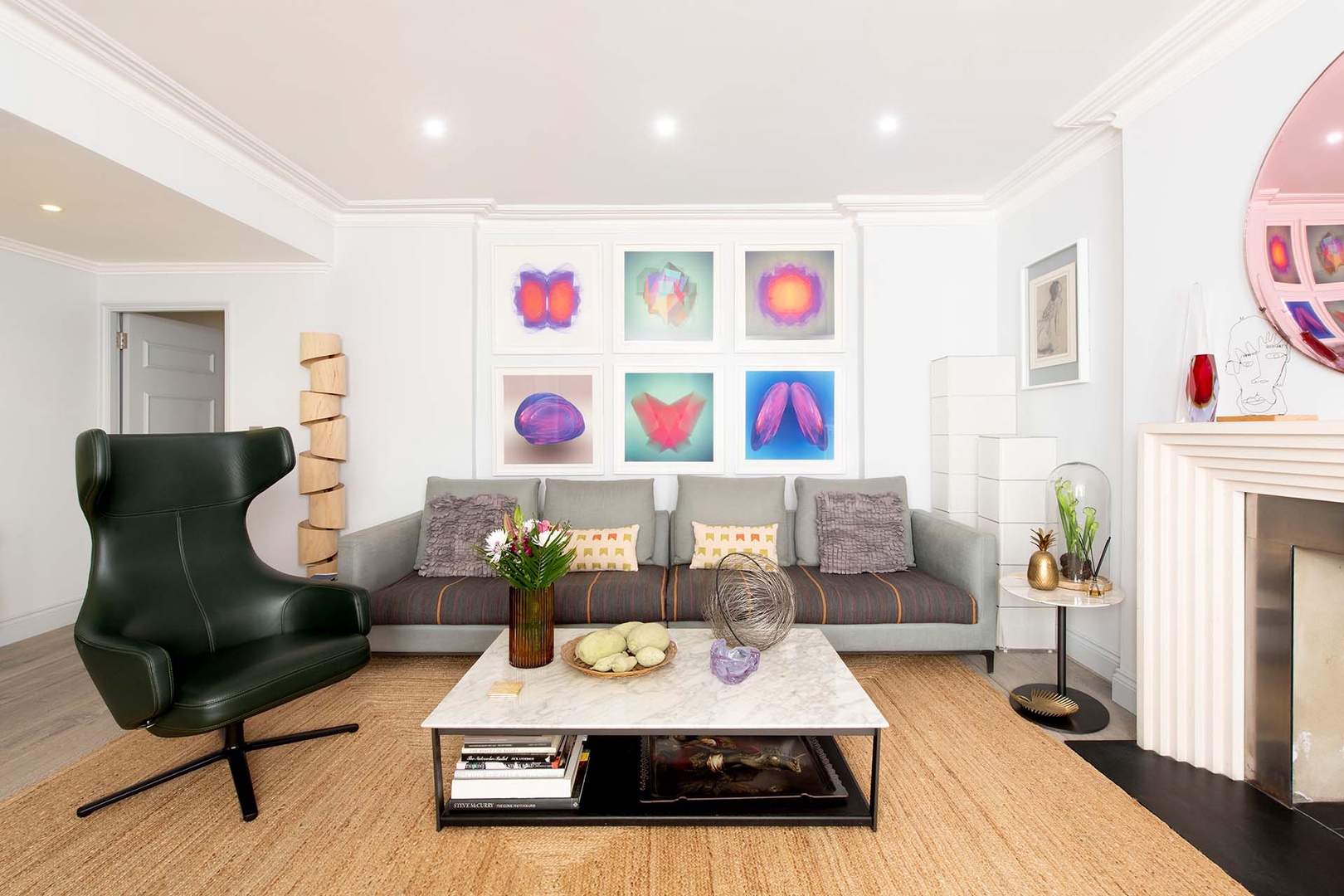Bright open plan living room with dining area.