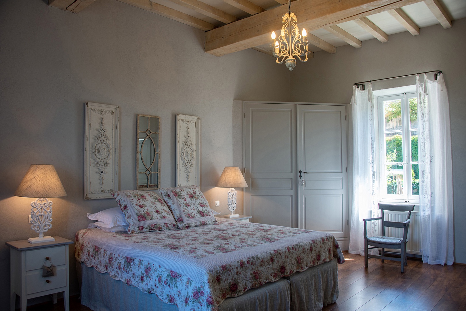 Wooden ceiling beams add a rustic touch.