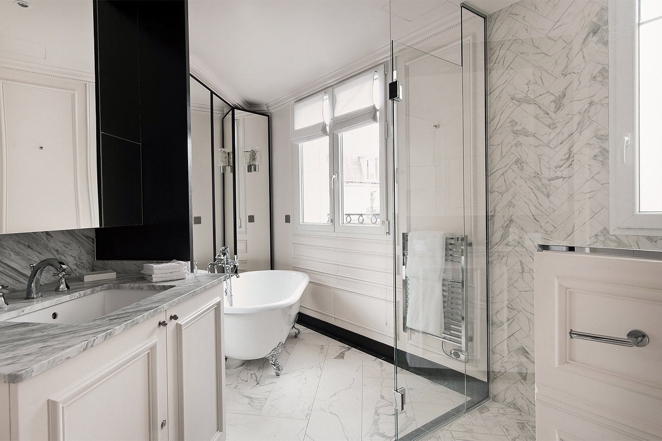 Elegant marble throughout bathroom 1