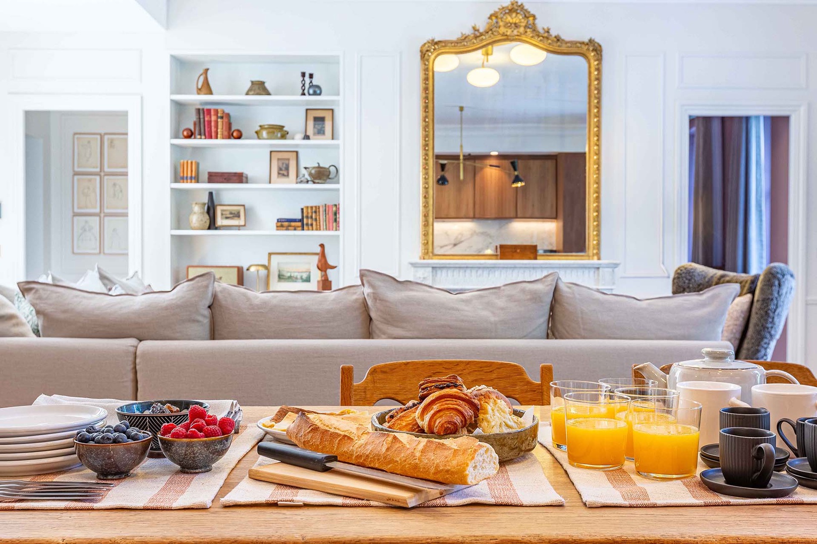 Convenient open plan design with dining table.