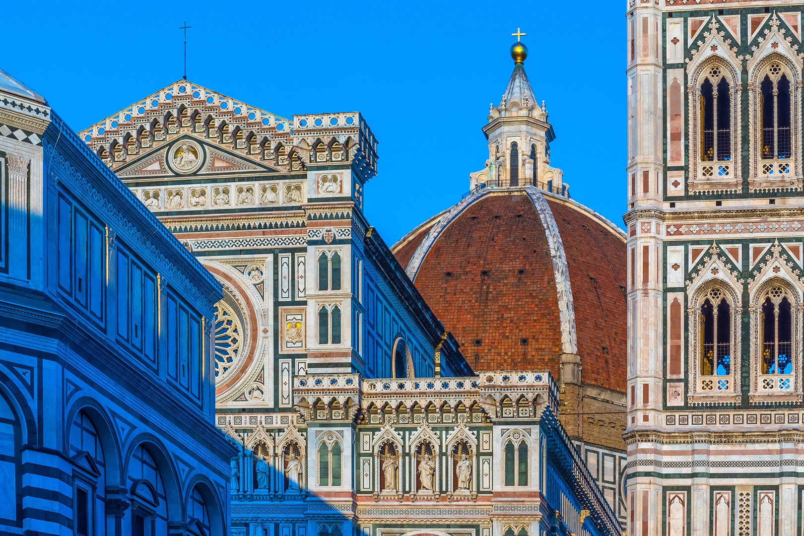 Brunelleschi's Dome crowns this world-famous architecture of the Cathedral, bell tower and baptistry.