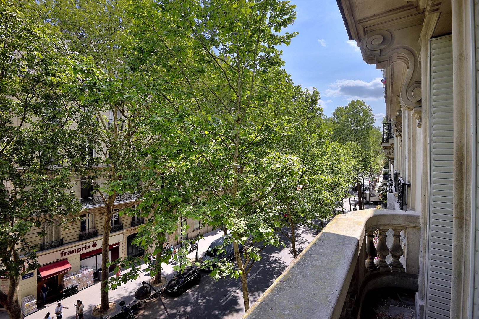 Step out balcony overlooking classic Parisian architecture.