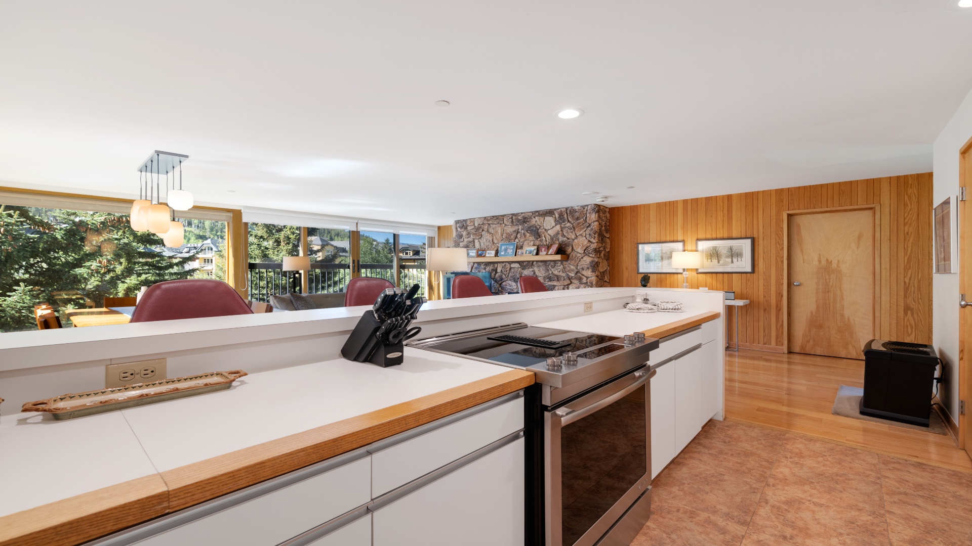 Cook your favorite meals in this bright, modern kitchen featuring sleek countertops and stainless steel appliances, while natural light streams through windows overlooking lush greenery, creating an inviting space for your mountain getaway.