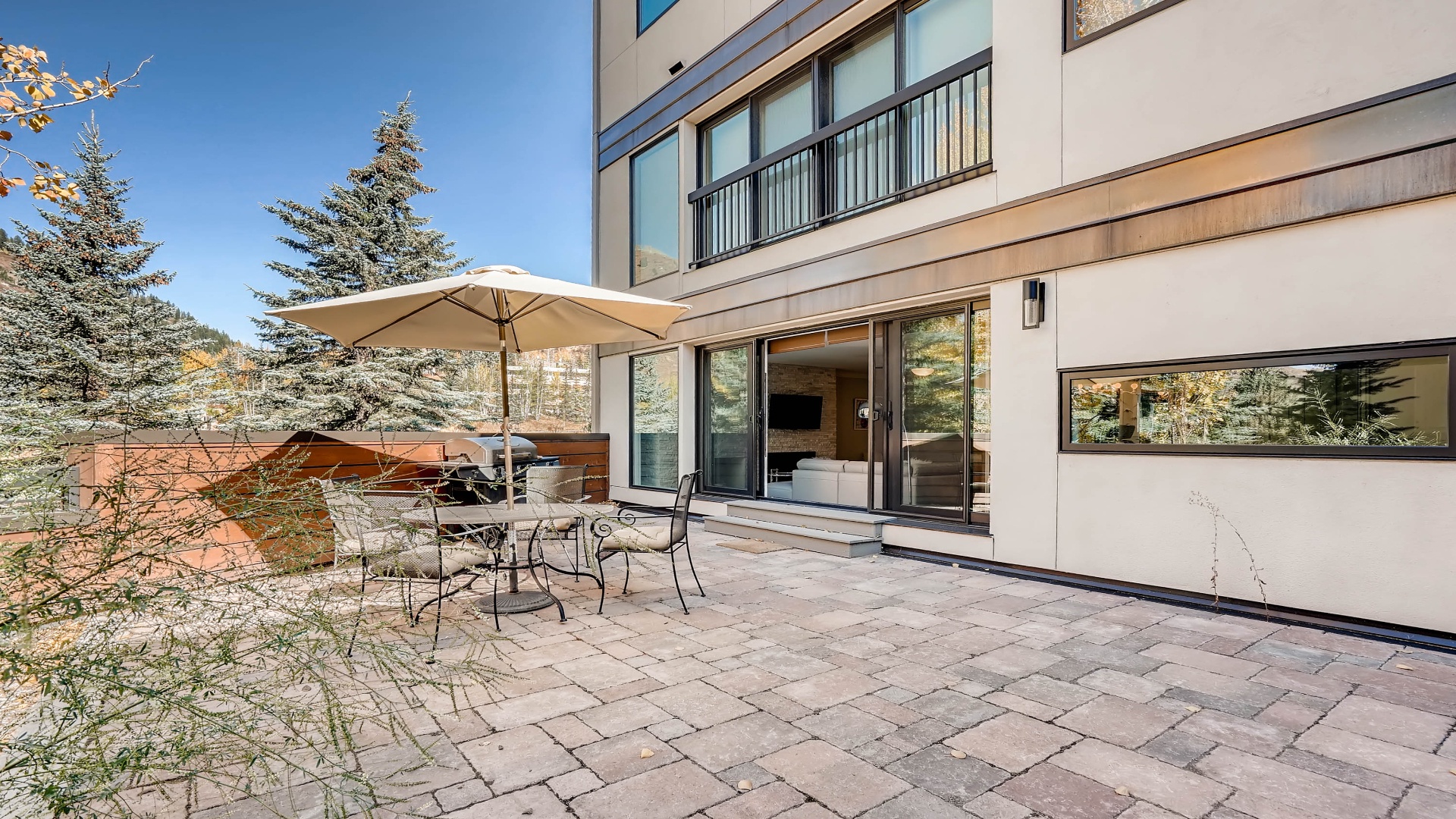 Spacious stone-paved terrace with dining for four under a market umbrella, framed by evergreens and mountain views—your perfect spot for morning coffee or sunset gatherings.