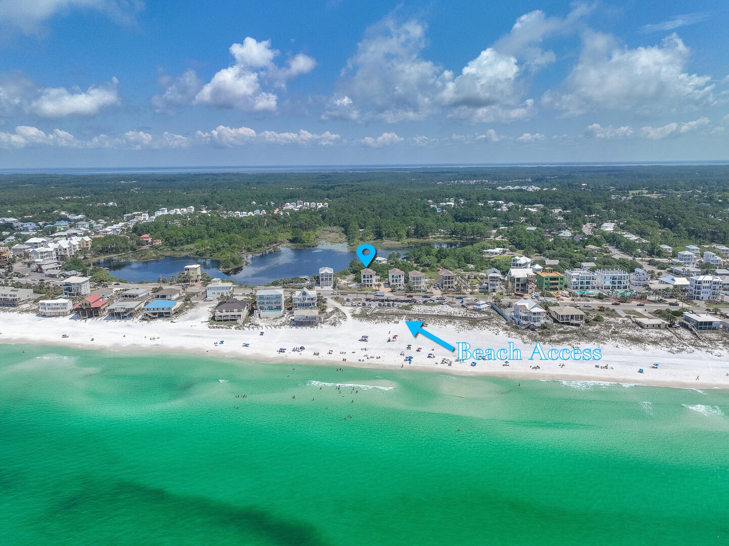 Beach access with restroom facilities directly across 30A!