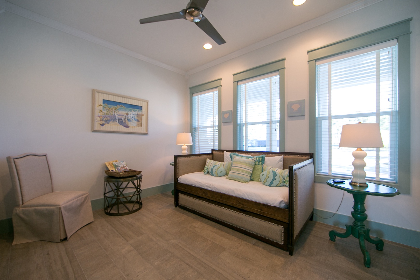 This cozy room is adjacent to the master and offers a twin day bed, twin trundle bed, flat screen and large closet!