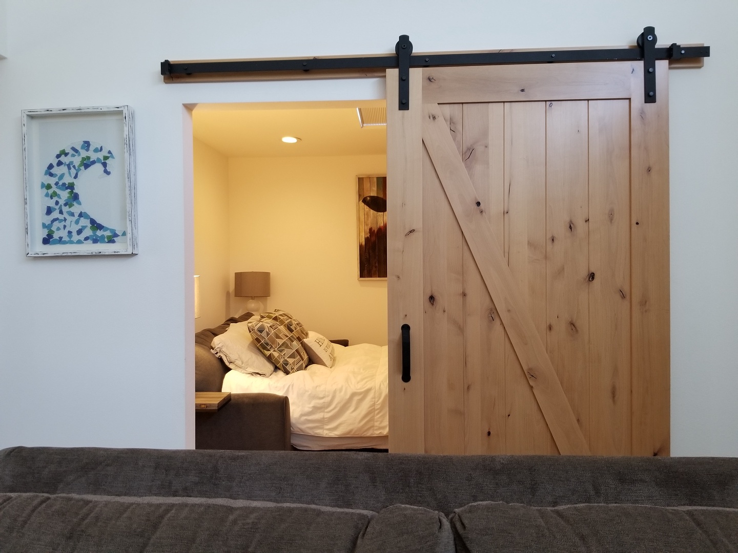 Barn doors lead from Living Room w/Sofa-Bed