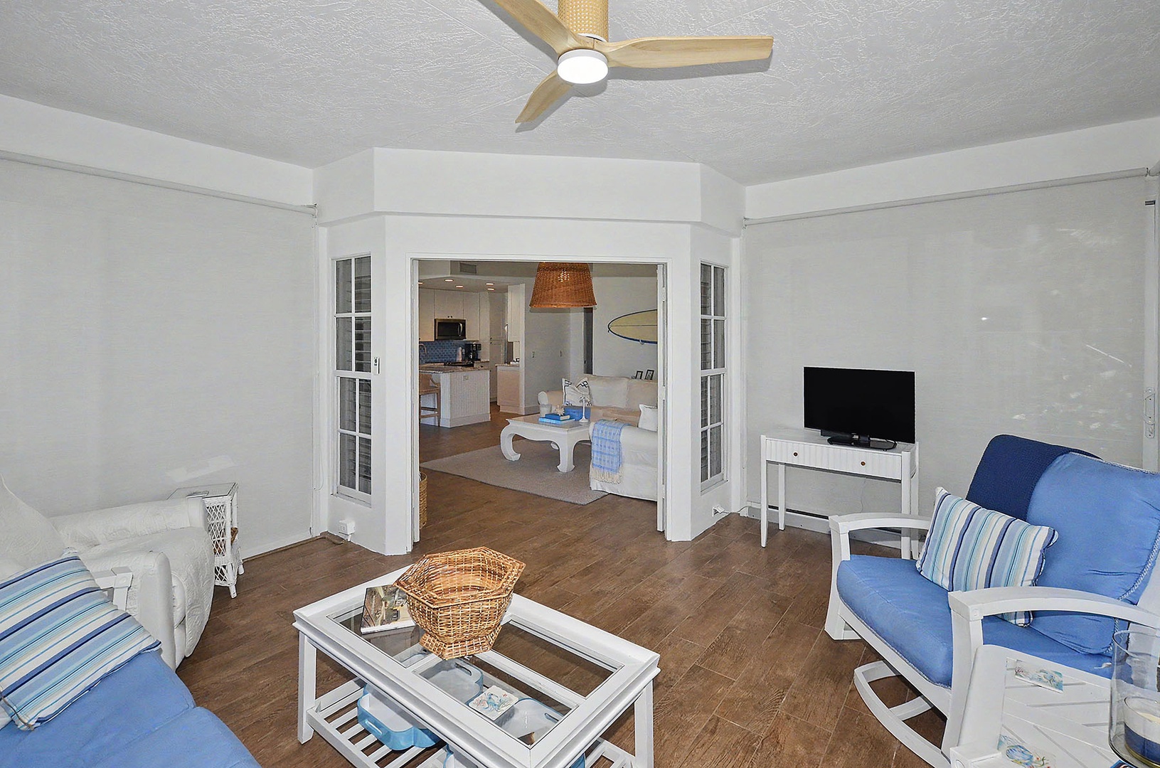 Relaxing screened patio with french doors into living room.