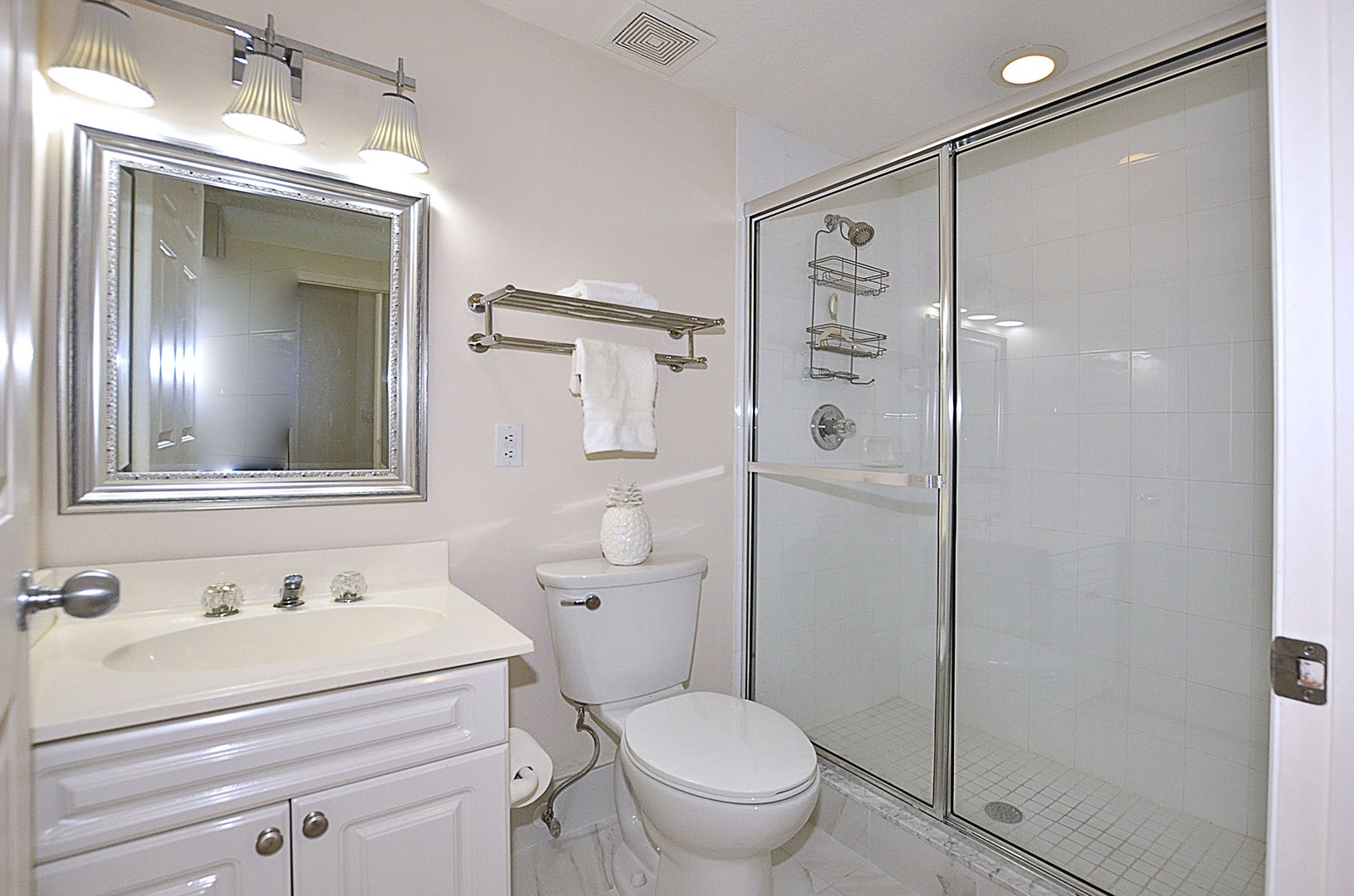 Step into your pristine Guest Bathroom with gleaming fixtures, spacious glass shower, and elegant lighting for your morning routine.