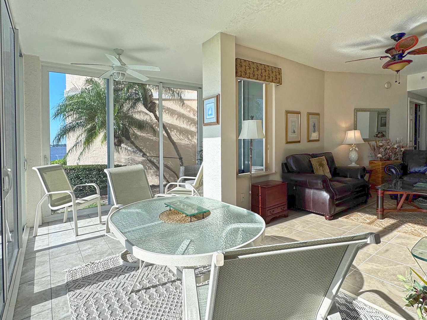 Both the Living Room and the abutting Patio provide relaxing bright living space where tropical views and comfortable seating create the perfect beach getaway atmosphere.