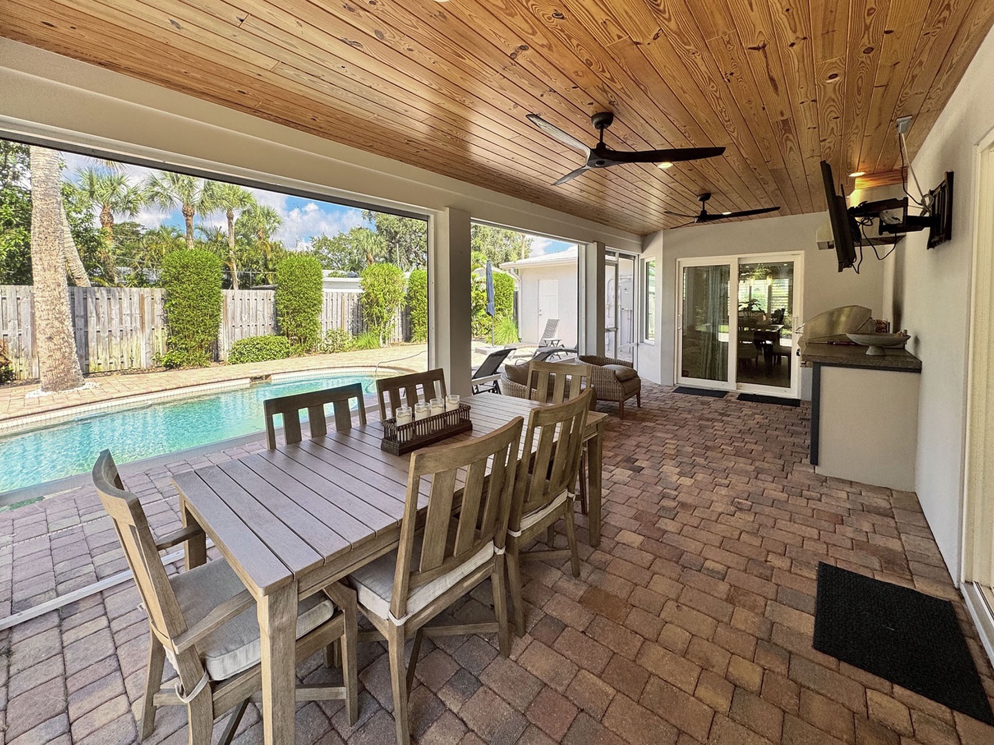 Back Yard Screen Enclosed Covered Patio with pool view