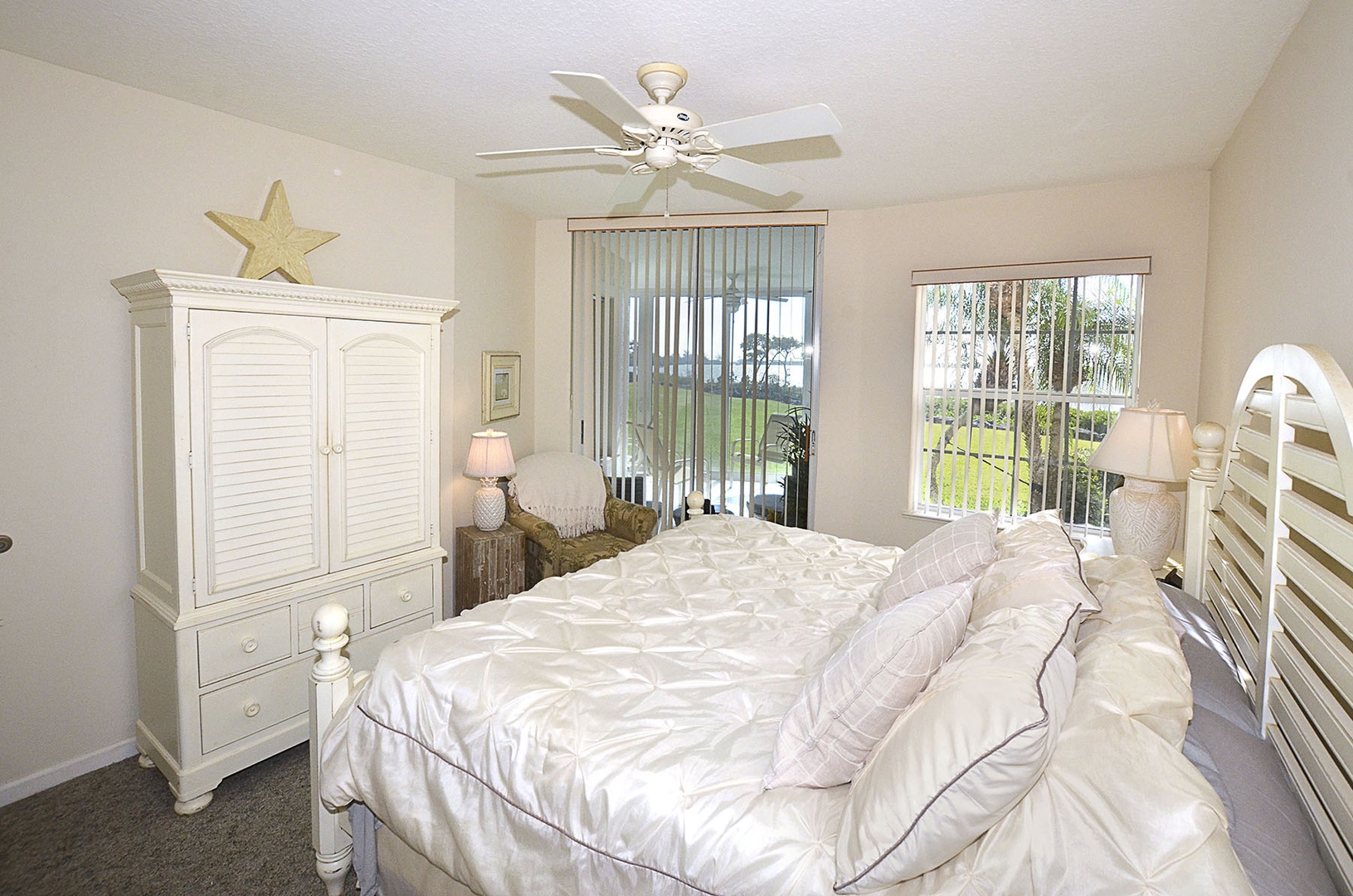 Awake each morning with sunny water vistas, and a direct sliding glass access onto the Patio.