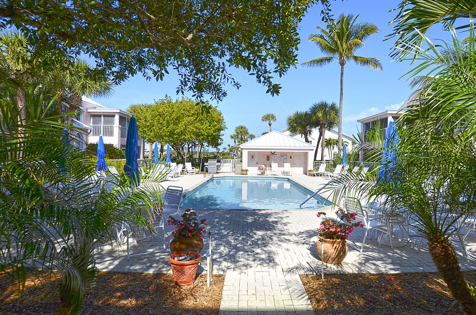 Tropical paradise awaits with crystal-clear private community pool surrounded by swaying palms, lounge chairs, and vibrant flowers in this serene resort setting.