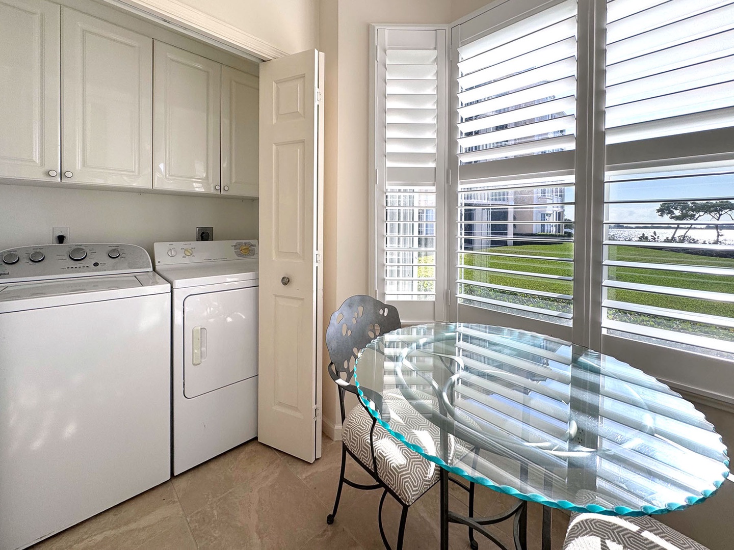 A Laundry Closet in the Kitchen provides full size washer & Dryer availability during your stay.