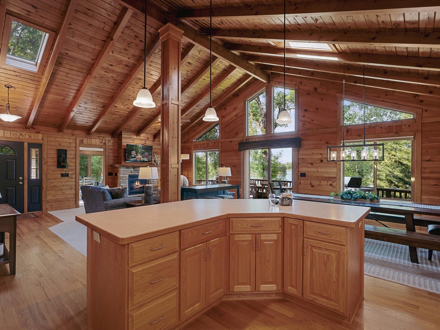 Large open concept living room, kitchen & dining.