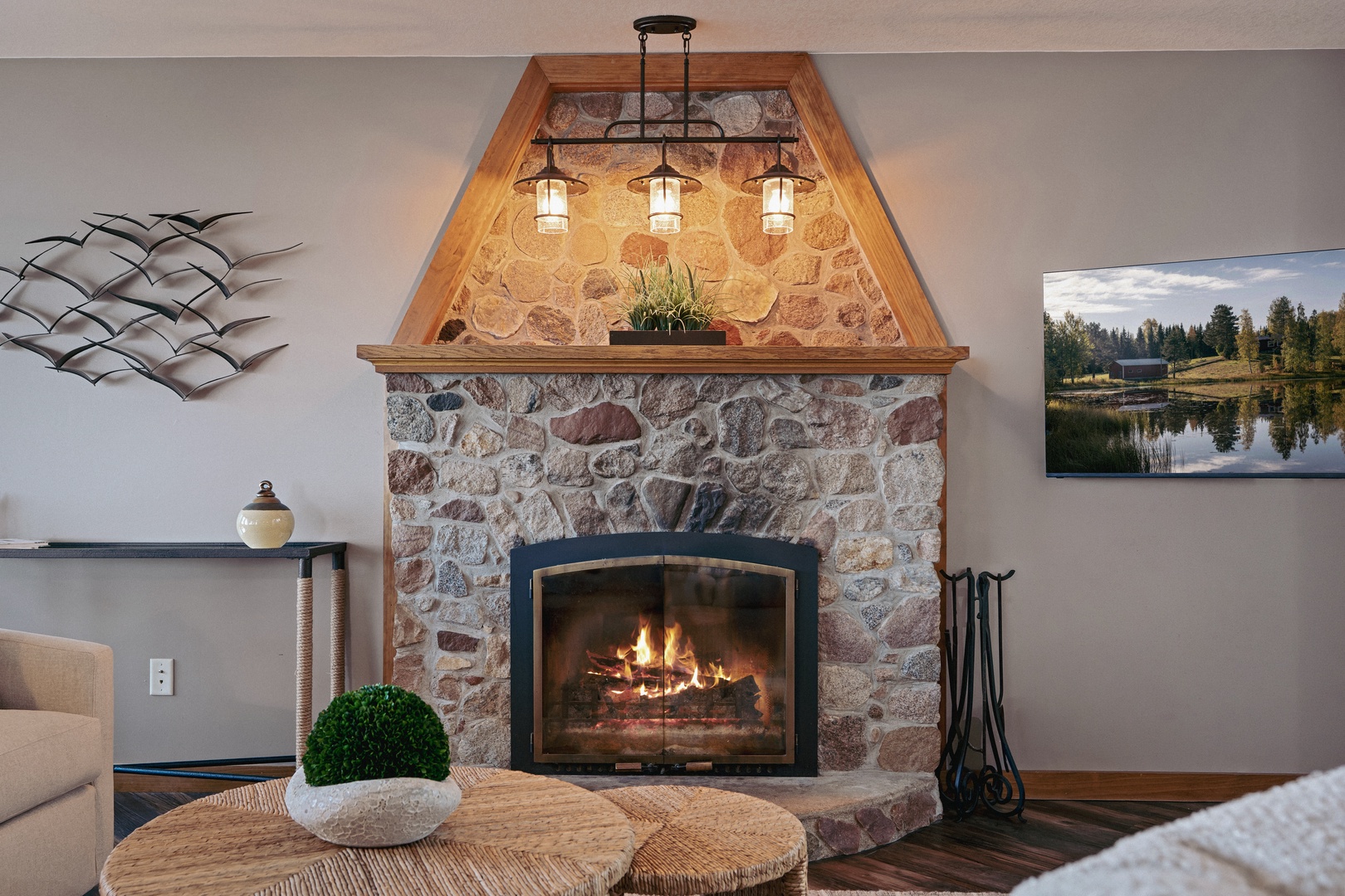 Beautiful stone fireplace.