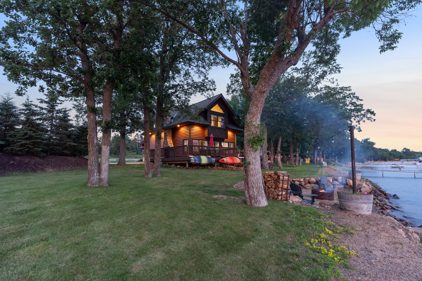 Spacious lakeside lawn.