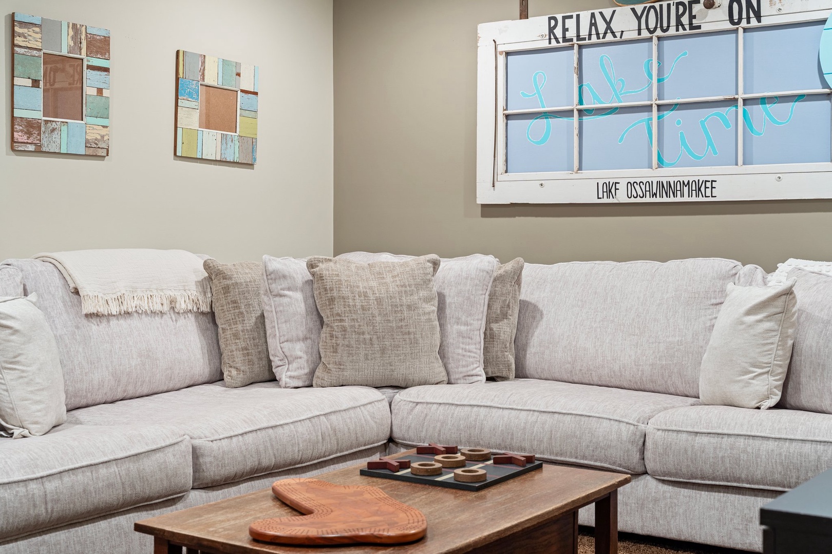 Plush sectional where you can unwind after a long day on the water