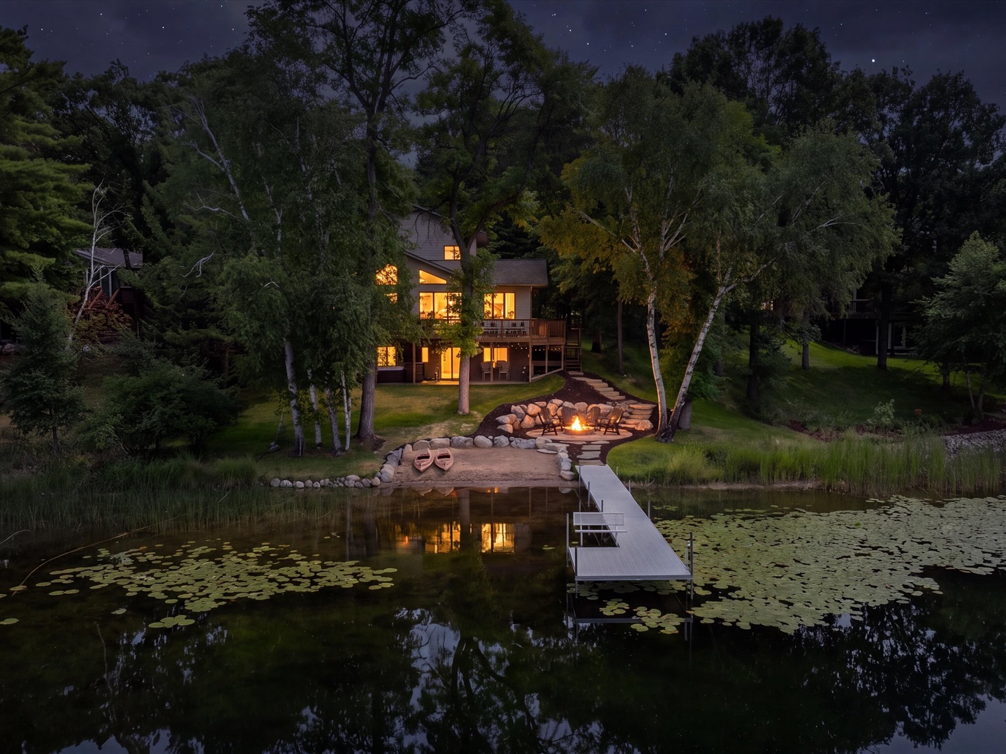 Enjoy a beautiful backyard at twilight.