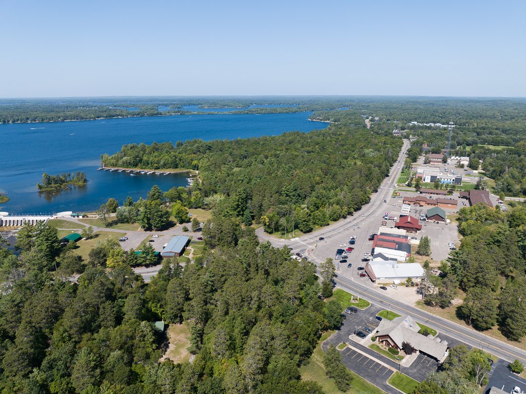 Aerial view of lake and short drive to dining and shopping