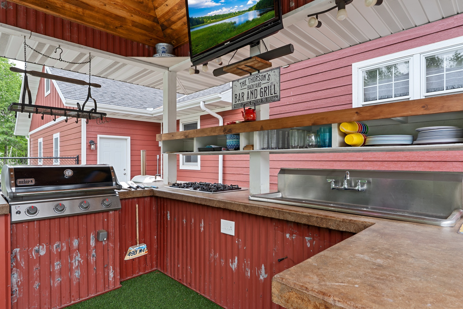 Outdoor Kitchen-  Dishes, Grill, Mini Fridge, TV