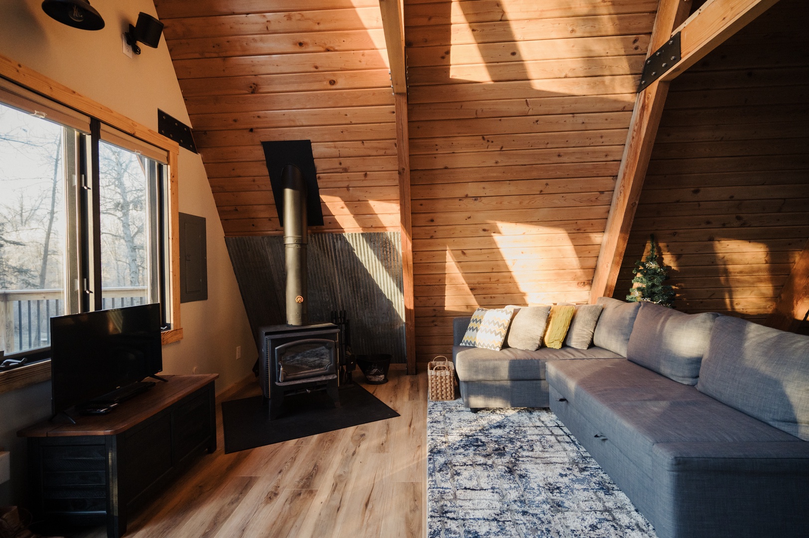 Living Room. Sofa, TV and wood burning fireplace