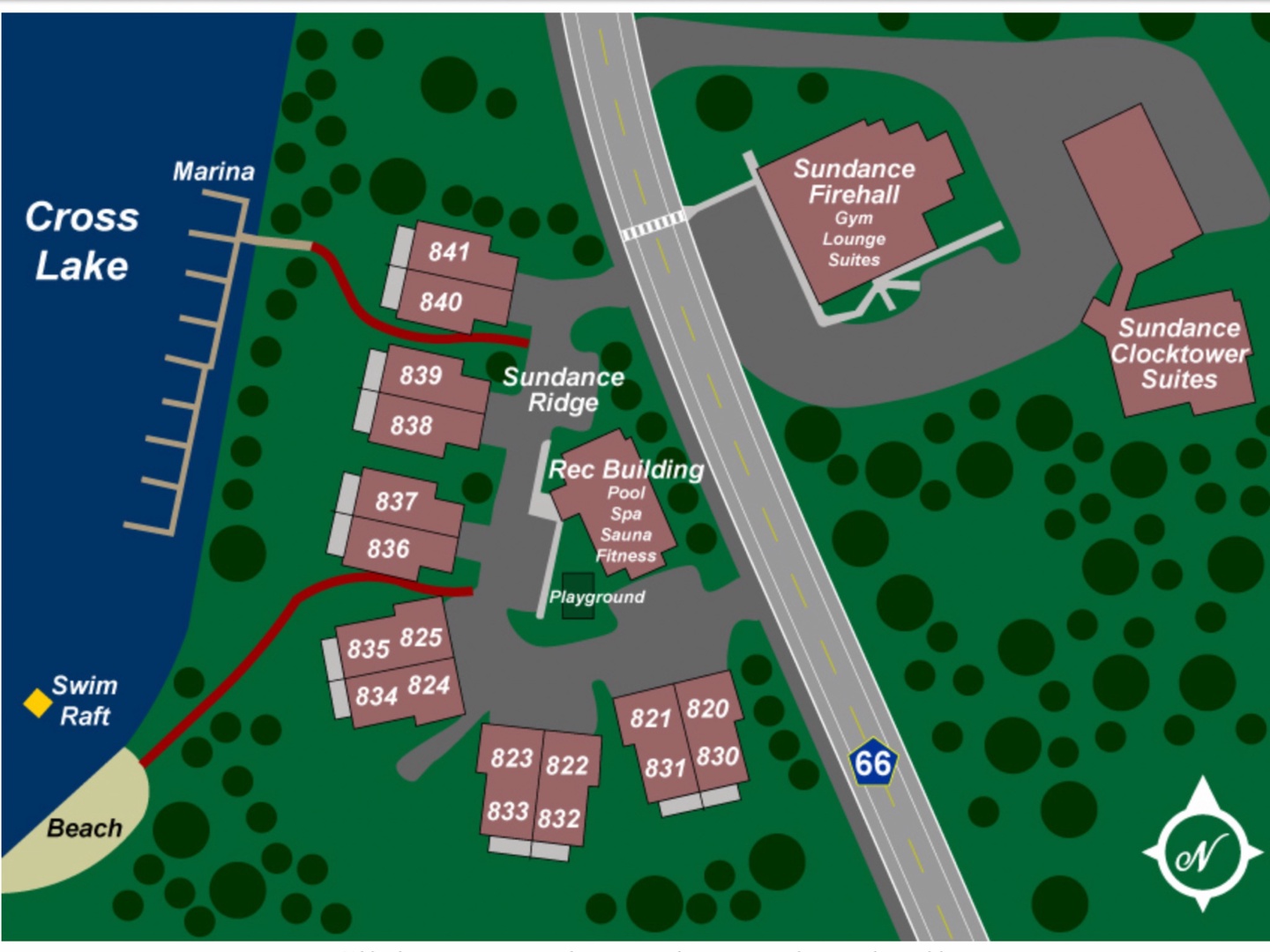 Resort map showing numbered buildings, recreational facilities, and Cross Lake waterfront with marina access.