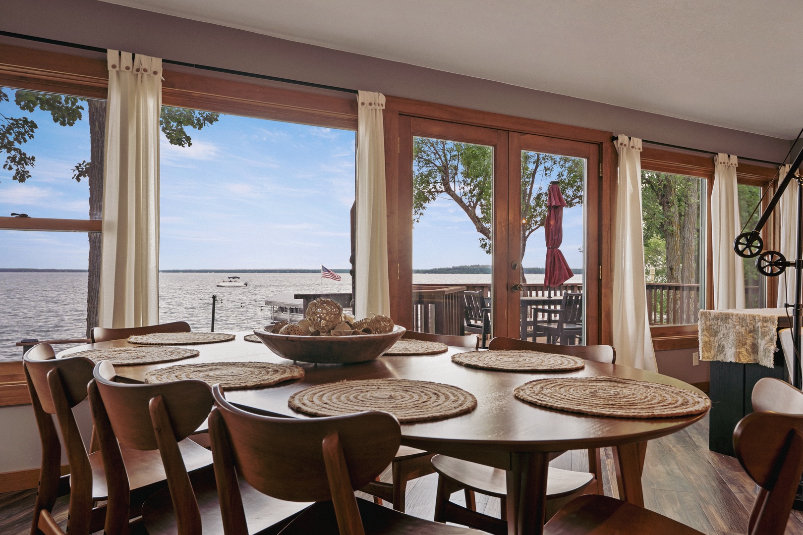 Dining room table with lakeside views.