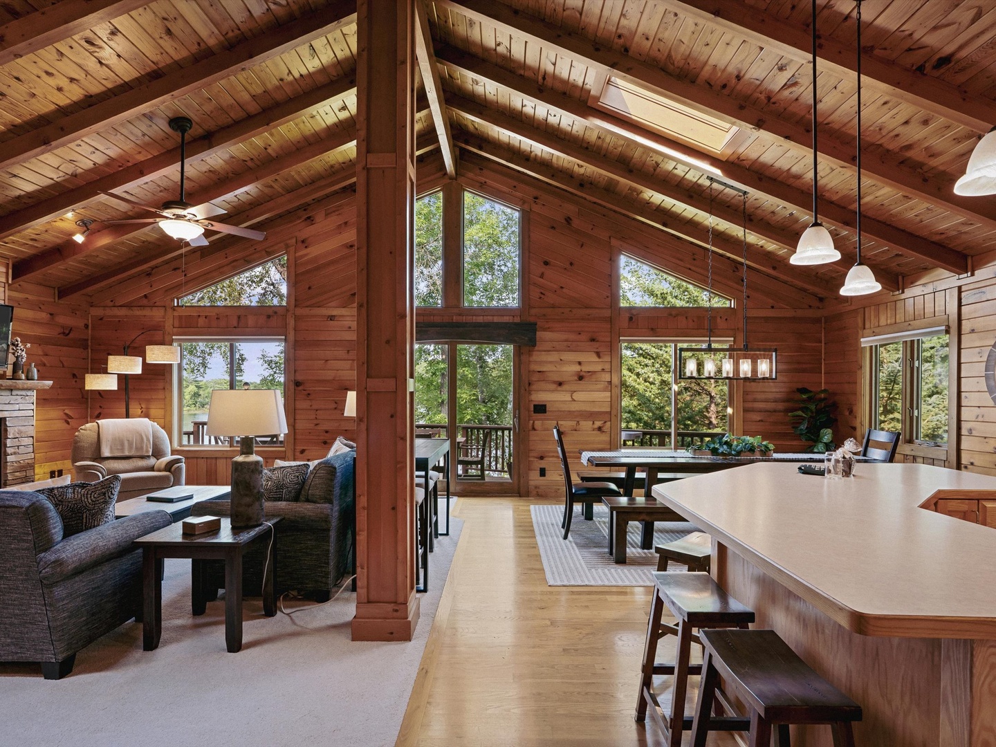 Large open concept living room, kitchen & dining.